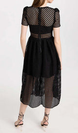 PUFFED SLEEVE LACE MIDI DRESS IN BLACK DRESS STYLE OF CB