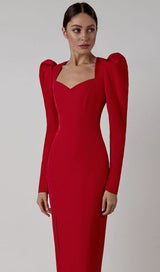 RED PUFF SEELVE BANDAGE MIDI DRESS Dresses styleofcb