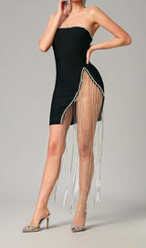 RHINESTONE TASSEL MINI BANDAGE DRESS IN BLACK DRESS STYLE OF CB