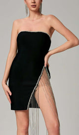 RHINESTONE TASSEL MINI BANDAGE DRESS IN BLACK DRESS STYLE OF CB