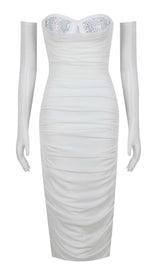 RUCHED BANDEAU MIDI DRESS IN WHITE DRESS STYLE OF CB
