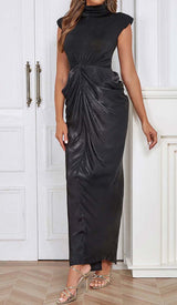RUCHED OFF SLEEVE MAXI DRESS IN BLACK DRESS STYLE OF CB