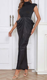RUCHED OFF SLEEVE MAXI DRESS IN BLACK DRESS STYLE OF CB