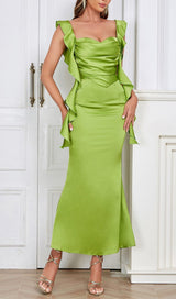 RUCHED SATIN MAXI DRESS IN GREEN DRESS STYLE OF CB