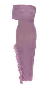 RUFFED OFF SHOULDER HIGH LOW DRESS IN LAVENDER styleofcb