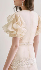 RUFFLE BUTTON LINE MIDI DRESS IN BEIGE styleofcb