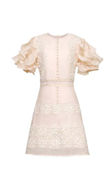 RUFFLE BUTTON LINE MIDI DRESS IN BEIGE styleofcb