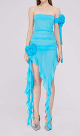 RUFFLE ROSETTE MESH MIDI DRESS IN BLUE styleofcb