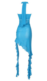 RUFFLE ROSETTE MESH MIDI DRESS IN BLUE styleofcb