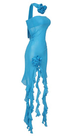 RUFFLE ROSETTE MESH MIDI DRESS IN BLUE styleofcb