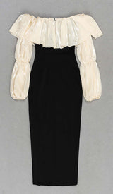 RUFFLE COLD SHOULDER MIDI DRESS IN BLACK DRESS STYLE OF CB