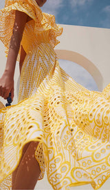RUFFLE COLD SHOULDER MIDI DRESS IN YELLOW DRESS STYLE OF CB