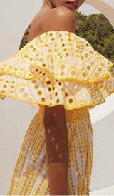 RUFFLE COLD SHOULDER MIDI DRESS IN YELLOW DRESS STYLE OF CB
