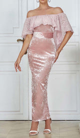 RUFFLED BANDEAU SATIN MAXI DRESS IN PINK styleofcb