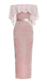 RUFFLED BANDEAU SATIN MAXI DRESS IN PINK styleofcb
