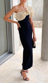 RUFFLED DETAILING SLIT MIDI DRESS IN BLACK DRESS styleofcb