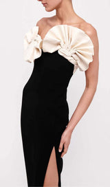 RUFFLED DETAILING SLIT MIDI DRESS IN BLACK DRESS styleofcb