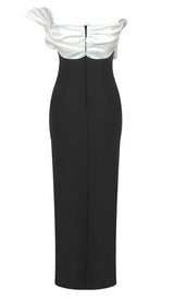 RUFFLED DETAILING SLIT MIDI DRESS IN BLACK DRESS styleofcb