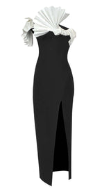 RUFFLED DETAILING SLIT MIDI DRESS IN BLACK DRESS styleofcb