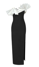 RUFFLED DETAILING SLIT MIDI DRESS IN BLACK DRESS styleofcb