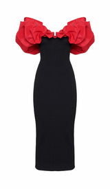 RUFFLED PENCIL MIDI DRESS IN BLACK DRESS sis label