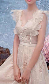 RUFFLED SLEEVELESS MIDI DRESS IN BEIGE DRESS sis label