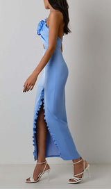 RUFFLE FLOWER-EMBELLISHED MIDI DRESS IN BLUE DRESS STYLE OF CB