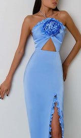 RUFFLE FLOWER-EMBELLISHED MIDI DRESS IN BLUE DRESS STYLE OF CB