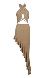 RUFFLES HALTER HIGH LOW DRESS IN GRAY styleofcb