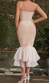 RUFFLE STRAPPY MIDI DRESS IN BEIGE DRESS STYLE OF CB