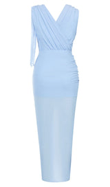 RUFFLE V-NECK MIDI DRESS IN TRANQUIL OCEAN Dresses styleofcb