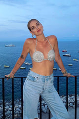 RHINESTONE EMBELLISHED SILK BRA TOP IN SILVER TOPS & SKIRTS styleofcb