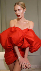 SATIN PUFF SLEEVE MINI DRESS IN RED Dresses styleofcb