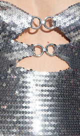 SEQUIN CUTOUT DRAPED MINI DRESS IN METALLIC SILVER sis label