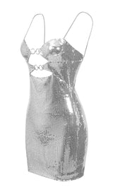 SEQUIN CUTOUT DRAPED MINI DRESS IN METALLIC SILVER sis label