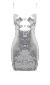SEQUIN CUTOUT DRAPED MINI DRESS IN METALLIC SILVER sis label