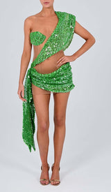 SEQUIN DRAPE MESH MINI DRESS IN EMERALD DRESS STYLE OF CB