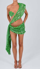 SEQUIN DRAPE MESH MINI DRESS IN EMERALD DRESS STYLE OF CB