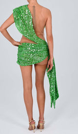 SEQUIN DRAPE MESH MINI DRESS IN EMERALD DRESS STYLE OF CB