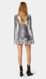 SEQUIN RUFFLE MINI DRESS IN METALLIC SILVER DRESS STYLE OF CB