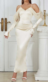 SILK COLD SHOULDER MIDI DRESS IN APRICOT DRESS STYLE OF CB