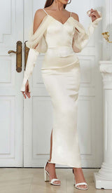 SILK COLD SHOULDER MIDI DRESS IN APRICOT DRESS STYLE OF CB