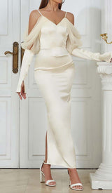 SILK COLD SHOULDER MIDI DRESS IN APRICOT DRESS STYLE OF CB