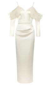 SILK COLD SHOULDER MIDI DRESS IN APRICOT DRESS STYLE OF CB