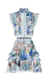 SLEEVELESS PRINT PATTER TWO PIECE SET IN BLUE DRESS STYLE OF CB