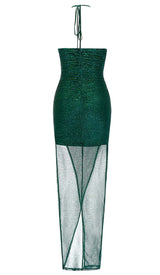 SPLIT THIGH MESH MIDI DRESS IN OLIVE GREEN DRESS STYLE OF CB