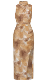SPOT-PRINT THIGH SLIT MIDI DRESS IN COFFEE BEANS DRESS STYLE OF CB