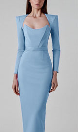 SQUARE SHOULDER CORSET MIDI DRESS IN BLUE styleofcb