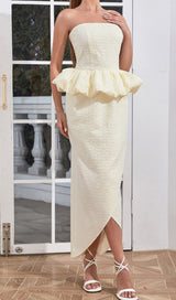 STRAPLESS RUFFLE MIDI DRESS IN IVORY DRESS sis label