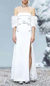 STRAPLESS SPLIT MAXI DRESS IN WHITE DRESS STYLE OF CB